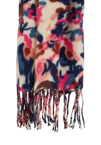 Bufanda con estampado floral en tejido suave que presenta tonos de rosa, azul y marrón. Los bordes con flecos aportan textura y detalle.