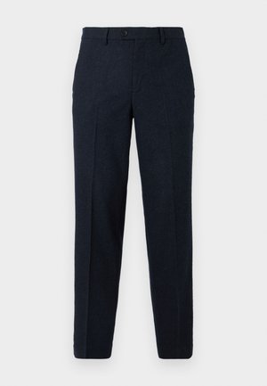 Tumedast sinisest villast valmistatud kohandatud püksid, mis on varustatud nööpkinni, sirge lõikega ja ilma nähtavate dekoratiivsete elementideta.