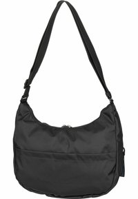 Bolsa de hombro de nylon negra con forma curva, correa ajustable, cierre de cremallera y bolsillo frontal. Superficie texturizada, tamaño compacto.