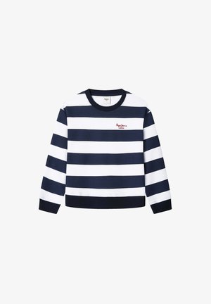Sudadera a rayas en azul marino y blanco con cuello redondo, que presenta un logo bordado en rojo en el pecho y puños y dobladillo acanalados.