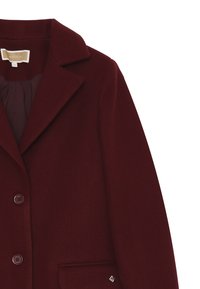 Cappotto in lana bordeaux con colletto a rever, due bottoni e una tasca frontale singola. Presenta un piccolo logo sul taschino.