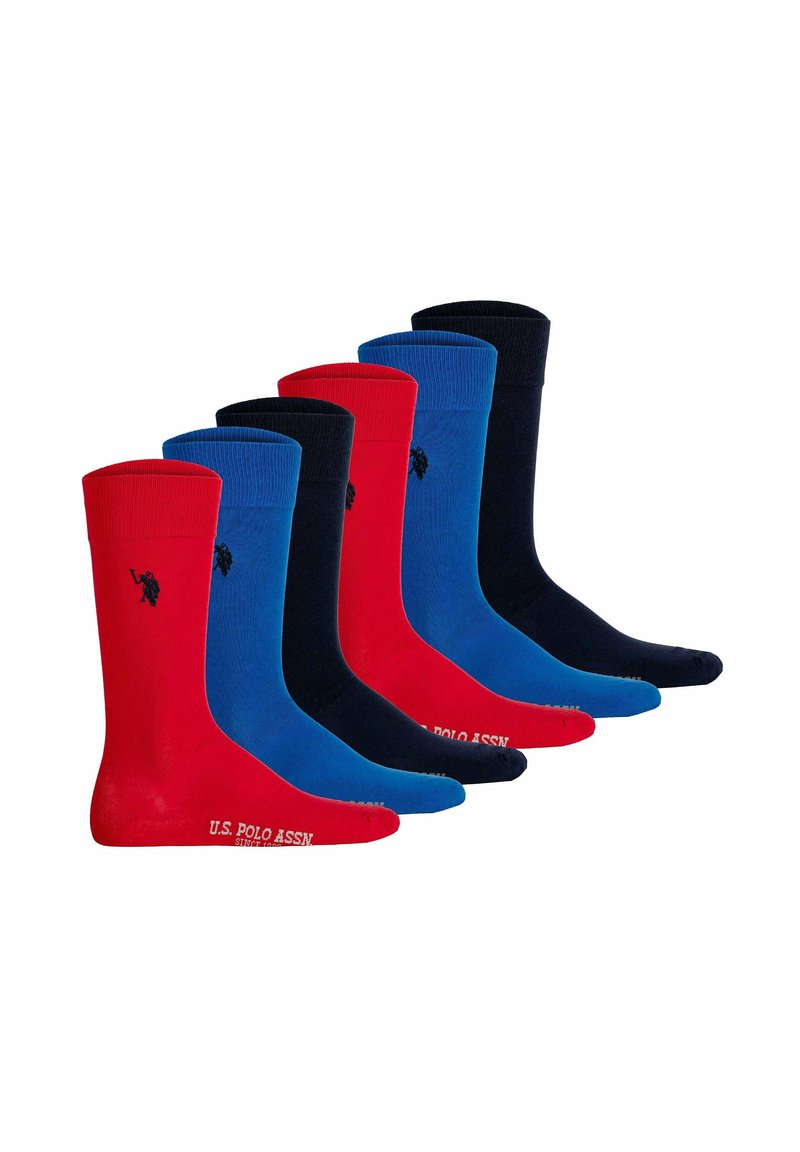 Seis pares de calcetines en rojo, azul y marino, con un diseño de color sólido, puños acanalados y el logo de U.S. Polo Assn. en el costado.