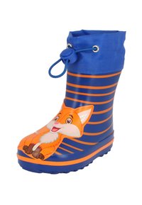 Botte de pluie en caoutchouc bleue avec des rayures horizontales orange et une illustration de renard sur le bout. Elle dispose d'un cordon de serrage au niveau du haut pour un ajustement.
