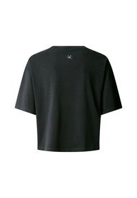 Black cropped t-shirt with short sleeves, made of soft fabric. Features a small logo in white on the back near the neckline.
