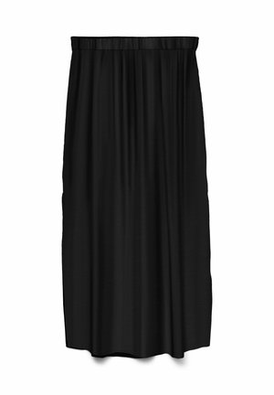 Jupe midi noire avec taille élastique et tissu doux froncé pour une coupe décontractée, présentée sur fond blanc uni.