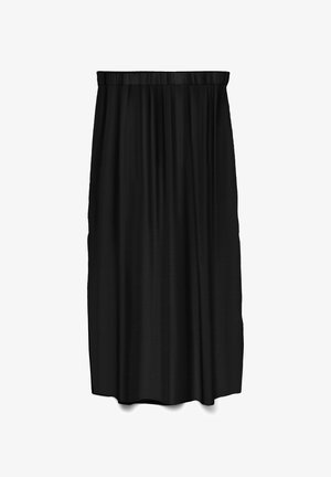Black midi skirt with elastic waistband and soft, gathered fabric for a relaxed fit, shown on a plain white background.