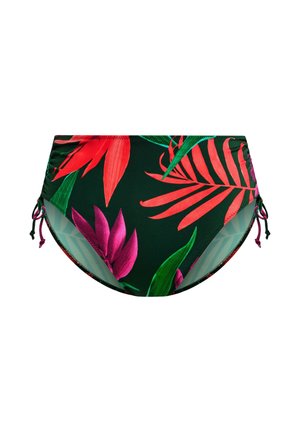 Bikinibroekje met hoge taille en tropische bloemenprint in rood en groen tegen een donkere achtergrond. Voorzien van verstelbare zijstrikjes en een gladde textuur.