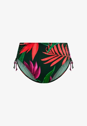 Bikinibroekje met hoge taille en tropische bloemenprint in rood en groen tegen een donkere achtergrond. Voorzien van verstelbare zijstrikjes en een gladde textuur.