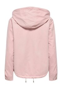 Veste à capuche rose clair à manches longues, avec poignets boutonnés et cordons ajustables à l'ourlet, vue de dos.