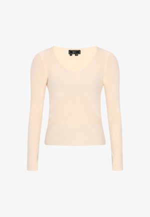 Hosszú ujjú bordás felső világos bézs színben, kerek nyakkivágással és testhezálló fazonnal. Puha, rugalmas anyag, egyenletes textúrával.