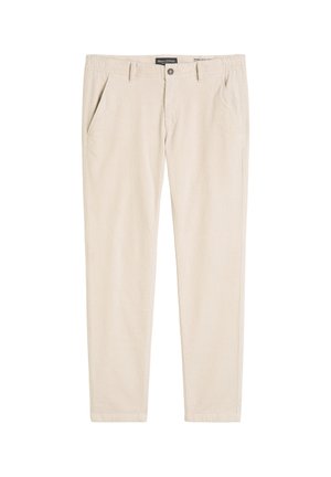 Beige Baumwollhosen mit geradem Bein, ausgestattet mit zwei Seitentaschen und einem Knopfverschluss sowie einem gesteppten Saum.