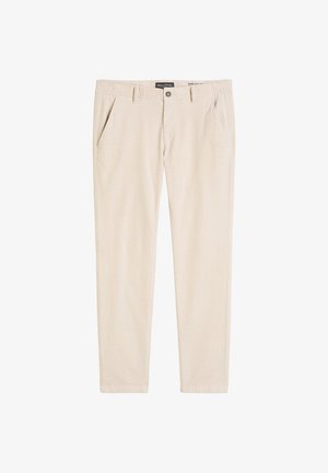 Beige Baumwollhosen mit geradem Bein, ausgestattet mit zwei Seitentaschen und einem Knopfverschluss sowie einem gesteppten Saum.