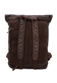 Smeđi ruksak od kože i platna s dizajnom s rolo vrhom, koji ima dvije teksturirane trake i bočnu zip zatvarač.