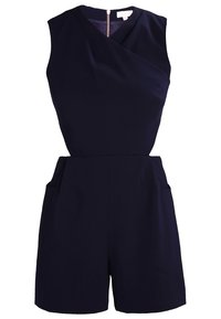 Combinaison sans manches bleu marine avec un effet portefeuille à l'avant, des poches latérales et une fermeture éclair au dos. Tissu lisse avec une coupe ajustée.