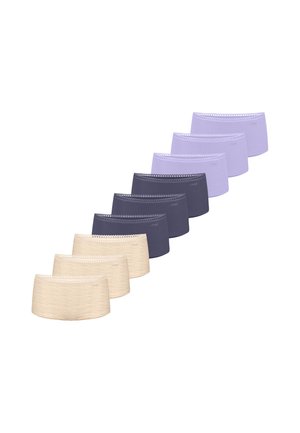 Ensemble de neuf culottes hipster sans couture pour femmes, en beige, gris foncé et lavande, disposées en trois groupes de trois.