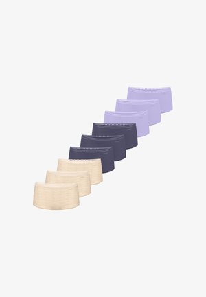 Sæt med ni sømløse dame-hipstertrusser i beige, mørkegrå og lavendel, arrangeret i tre grupper af tre.