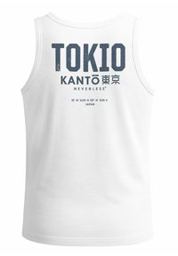 White sleeveless tank top featuring navy blue text: "TOKIO KANTŌ NEVERLESS" with coordinates and "JAPAN" below, in a distressed font style.