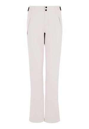 Lichtgrijze outdoorbroek met een recht pijpdesign, ritszakken, twee zwarte knoopsluitingen en een elastische tailleband. Gladde stoftextuur.