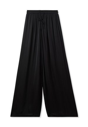 Pantaloni a gamba larga neri realizzati in materiale leggero, dotati di una vita elasticizzata con coulisse per una vestibilità regolabile. Texture liscia.