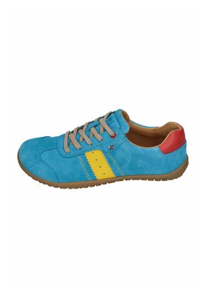 Blue suede sneaker with yellow side stripes, tan laces, red heel accent, and brown rubber sole, shown from the side.
