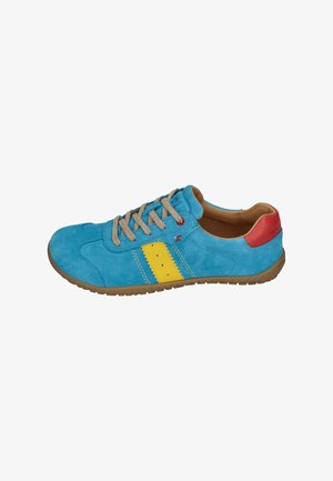 Blue suede sneaker with yellow side stripes, tan laces, red heel accent, and brown rubber sole, shown from the side.