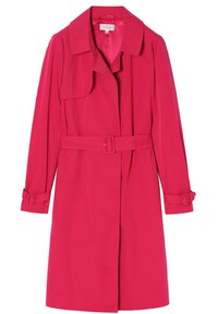 Gabardina rosa con cintura ajustada, cuello de muesca y mangas largas. Hecha de un tejido suave y ligero; incluye acentos de botones y hebillas.