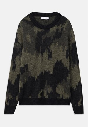Knit sweater featuring a black and olive camouflage pattern. Classic crew neck, ribbed neckline and cuffs, medium texture.