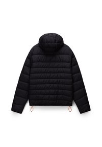 Black puffer jacket with a hood, featuring quilted texture, adjustable hem with orange drawstrings, and cropped length.