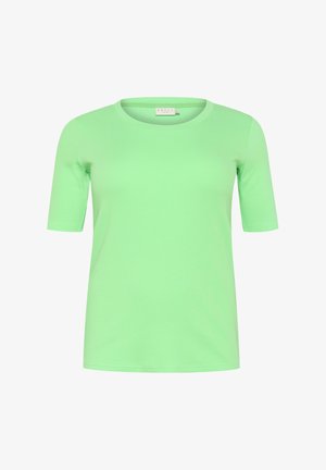 Miętowa koszulka z krótkim rękawem o okrągłym dekolcie, wykonana z gładkiego materiału, charakteryzująca się luźnym krojem i minimalnymi detalami szycia.