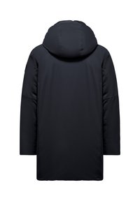 Sort, hættepufferjakke med en glat, mat finish. Lige silhuet, minimale sømme og ingen synlige logoer eller hardware-detaljer.