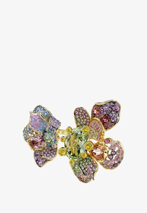 Kleurrijke bloemenbroche van goudkleurig metaal, met meerdere edelstenen in tinten blauw, roze, geel en groen, met sprankelende details en verschillende texturen.