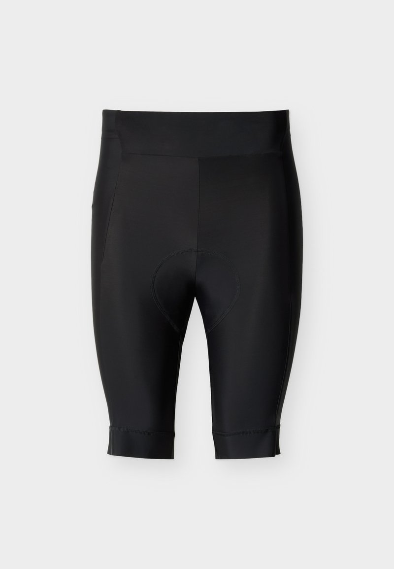 Black padded cycling shorts with knee-length fit and wide waistband, designed for comfort and performance.