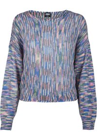 Pullover lavorato a maglia colorato con vestibilità rilassata, caratterizzato da strisce blu, rosa e verdi. Maniche ampie e orli a coste completano il design.
