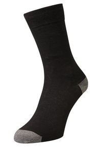 Schwarze Baumwollsocke mit geripptem Bund, glatter Textur und grauer verstärkter Ferse und Zehen für zusätzliche Haltbarkeit. Design mit mittellanger Beinlänge.