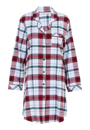 Czerwona, zielona i biała koszula w kratę z długim rękawem, zapinana na guziki, z kieszonką i kontrastowym wykończeniem wzdłuż kołnierza i mankietów. Zrobiona z bawełny.