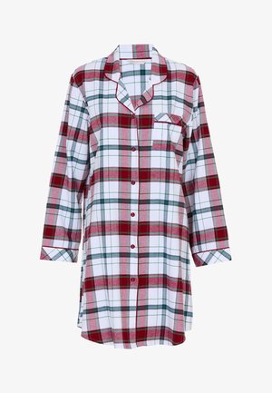 Camicia a maniche lunghe a quadri rossa, verde e bianca, con chiusura a bottoni, tasca e dettagli a contrasto lungo il colletto e i polsini. Tessuto in cotone.