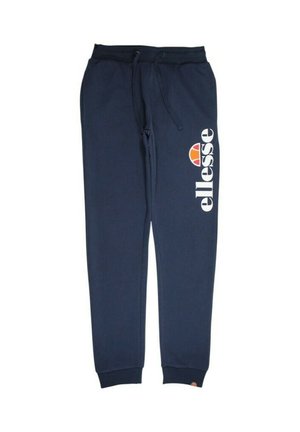 Pantalon de survêtement bleu marine en mélange de coton doux, avec taille élastique et cordon de serrage, poignets côtelés, et logo blanc « ellesse » sur le côté.