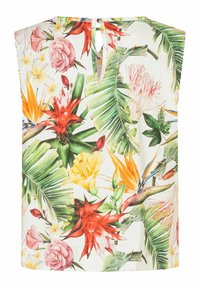 Ärmellose Bluse mit floralem Design, die einen weißen Hintergrund, lebhafte Muster von tropischen Blumen und Blättern, einen Schlüssellochrücken und solide Nähte aufweist.
