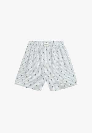 Bóxers para hombre en azul claro con rayas verticales y pequeños patrones de anclas. Cintura elástica con un botón en la parte delantera.