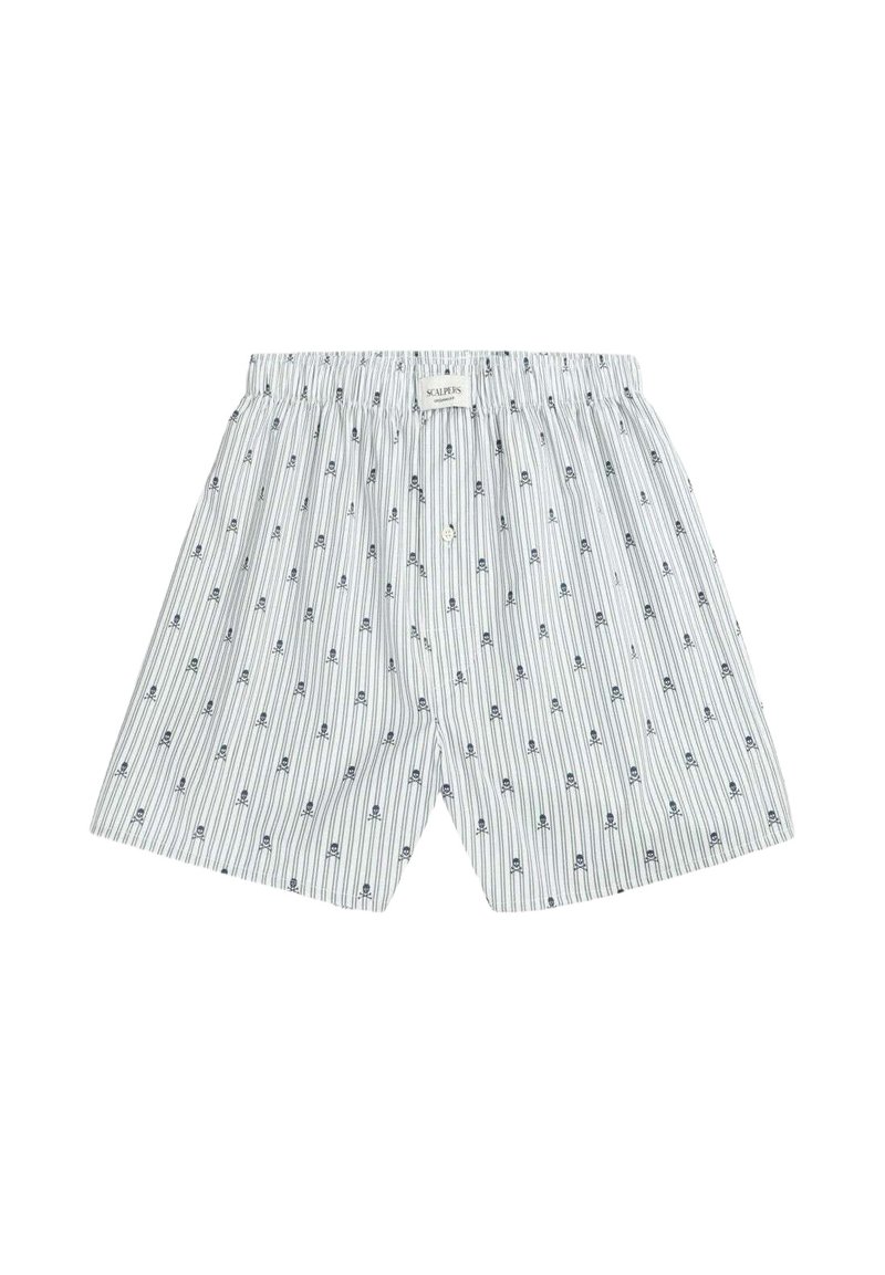 Bóxers para hombre en azul claro con rayas verticales y pequeños patrones de anclas. Cintura elástica con un botón en la parte delantera.