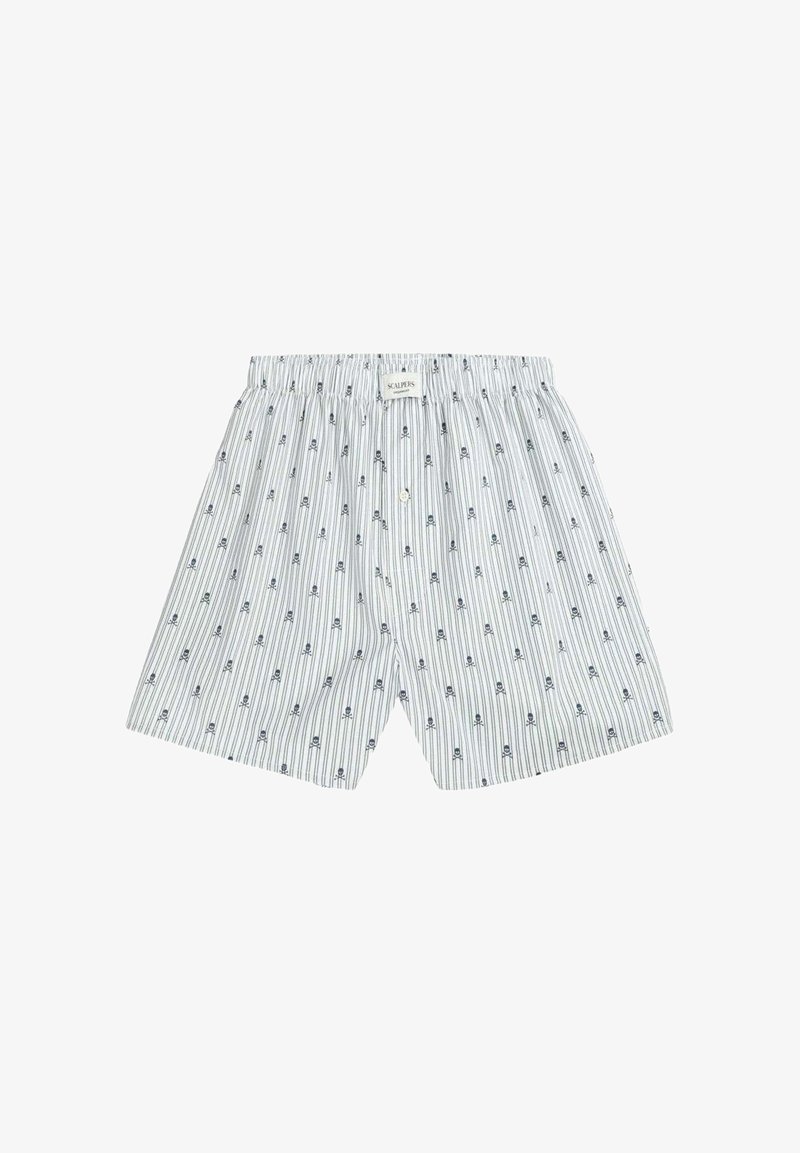 Bóxers para hombre en azul claro con rayas verticales y pequeños patrones de anclas. Cintura elástica con un botón en la parte delantera.