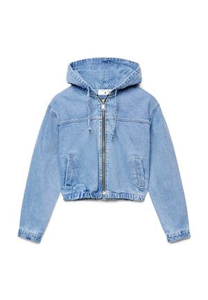 Giacca con cappuccio in denim azzurro chiaro con cerniera frontale, cappuccio con coulisse, due tasche frontali e vita elastica, taglia piccola.