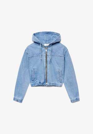Giacca con cappuccio in denim azzurro chiaro con cerniera frontale, cappuccio con coulisse, due tasche frontali e vita elastica, taglia piccola.