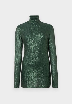 Zielony golf z cekinami, długie rękawy, dopasowany krój, gładka faktura i lśniące wykończenie.