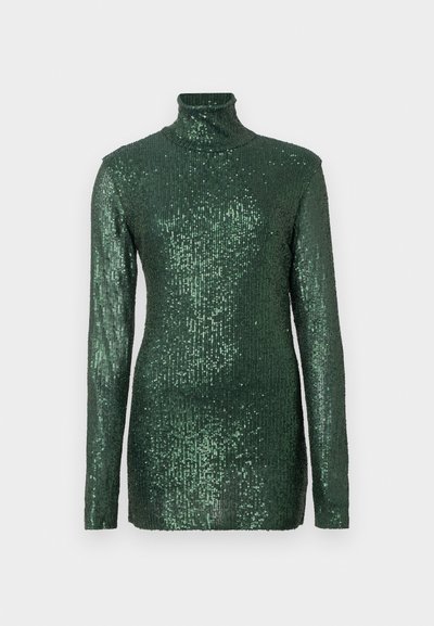 Zöld flitteres garbó felső hosszú ujjakkal, testhez simuló szabással, sima textúrával és csillogó felülettel.