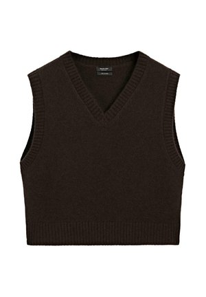 Hnědý pletený bezrukávový svetr s V-výstřihem, s žebrovanými okraji a jemnou texturou. Design je jednoduchý a dobře padnoucí, ideální pro vrstvení.