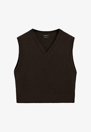 Hnědý pletený bezrukávový svetr s V-výstřihem, s žebrovanými okraji a jemnou texturou. Design je jednoduchý a dobře padnoucí, ideální pro vrstvení.