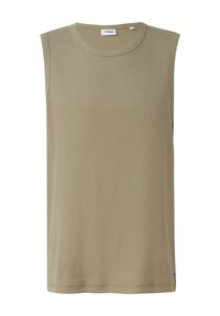Ärmelloses, hellolivengrünes Tanktop aus geripptem Stoff. Hat einen runden Halsausschnitt und einen geraden Schnitt. Dezentes Markenetikett am Saum.