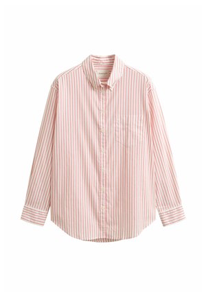 Wit overhemd met lange mouwen en knopen, met dunne verticale rode strepen en een enkele borstzak, kraag vastgeknipt.