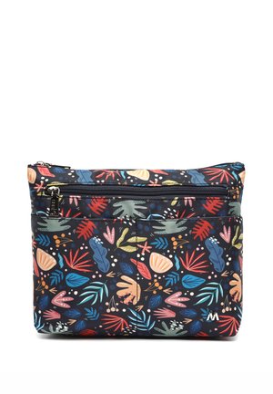 Compact zippered pouch with colorful abstract leaf and plant patterns on a dark background, featuring multiple compartments.